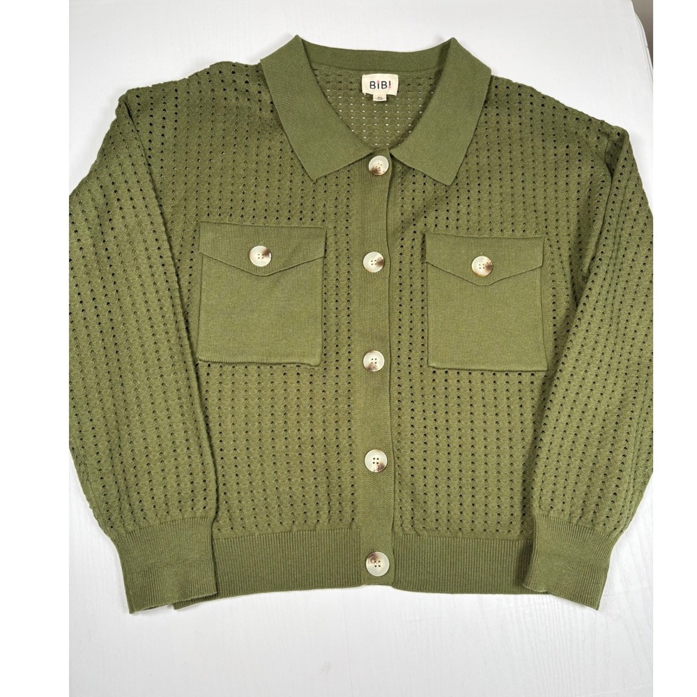 BiBi Olive Green Pointelle Knit Button Front Collared Cardigan Sweater XL Soft